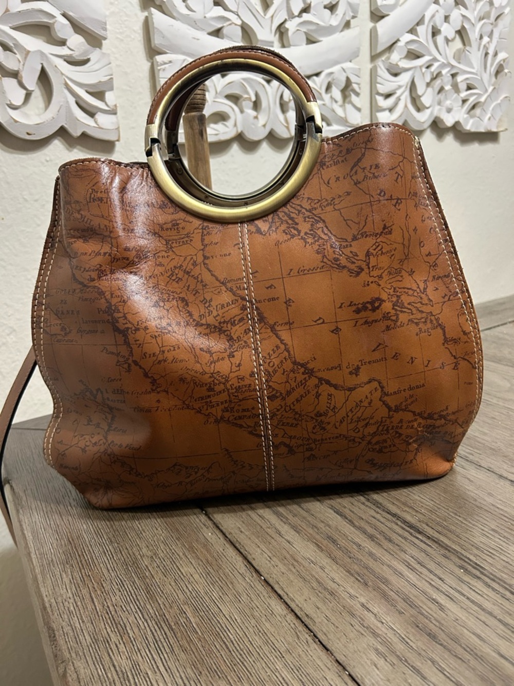 Patricia Nash Brown Map-Print Leather Tote with Brass Ring Handles